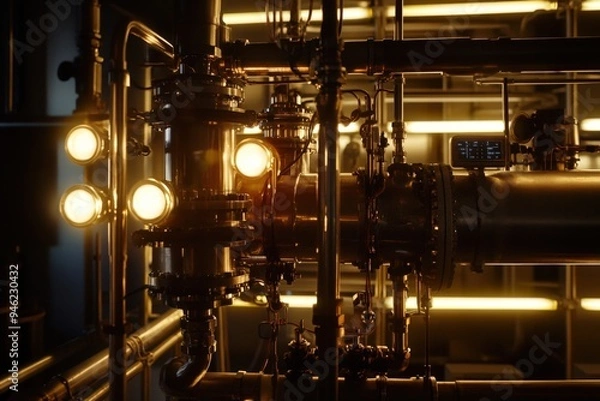 Fototapeta A close-up of a complex industrial machine, showing the pipes, lights, and digital displays.