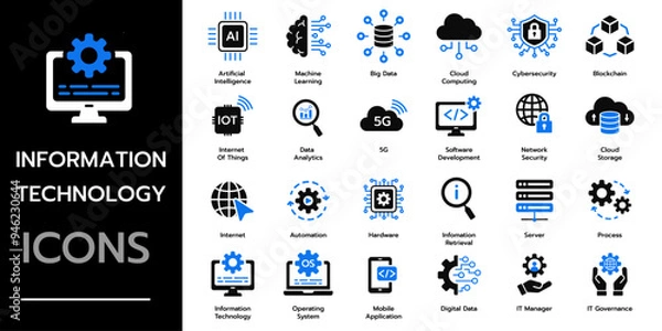 Fototapeta Information Technology icon set. cloud computing, IT manager, big data, data analytics, internet, network security and more. Solid vector icons collection