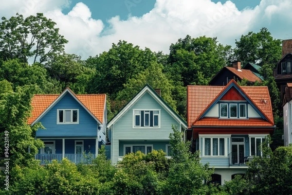 Fototapeta A row of houses with different colored roofs.