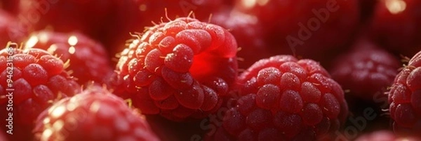 Fototapeta A close-up of a cluster of raspberries.