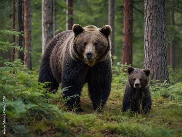Fototapeta In a peaceful forest glade, a mother bear and her playful cubs enjoy their natural habitat
