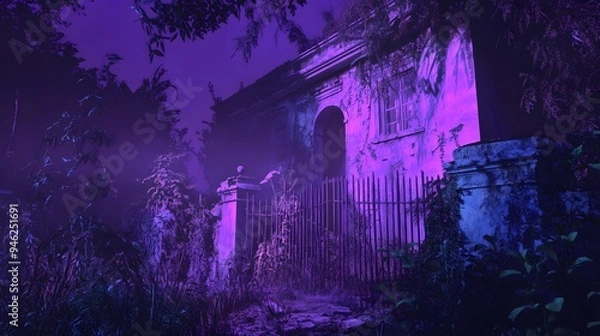 Fototapeta A haunted house with a broken fence and eerie purple lighting casting long shadows on the overgrown plants