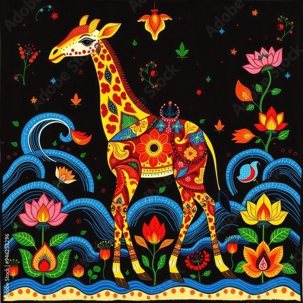 Fototapeta Pattern with giraffe, Abstract painting, Animale pattern, flower ornament pattern.seamless pattern with giraffe and flowers