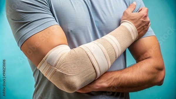 Fototapeta A close-up of a Compression bandage wrapped around a bent elbow, illustrating relief from cubital tunnel syndrome, a common repetitive strain injury.