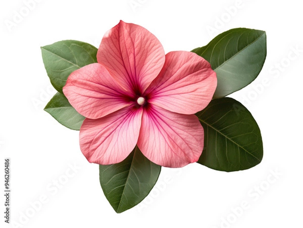 Fototapeta Pink flower with vibrant green leaves on a white background. Cut out shape of Catharanthus