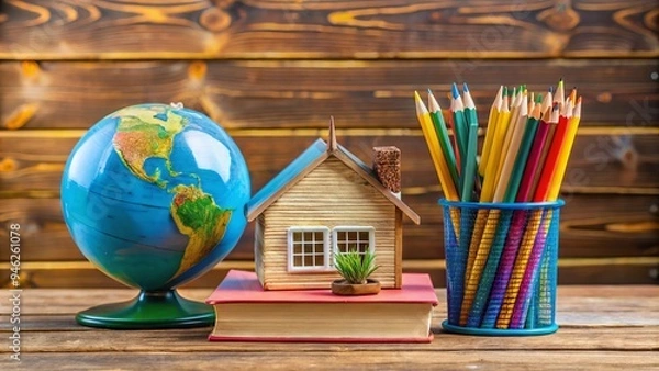 Fototapeta A colorful arrangement of books, pencils, and a globe surrounding a miniature school building on a wooden desk, symbolizing education and learning.