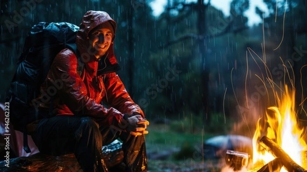 Obraz Smiling hiker warming up by campfire in the rain