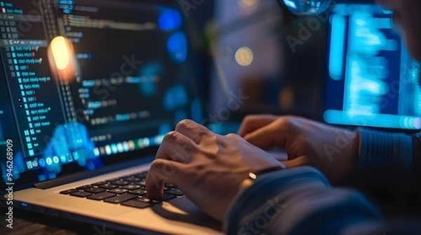 Fototapeta Typing a strong password on a laptop, ensuring account security 