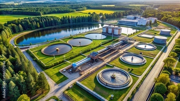 Fototapeta Aerial view of a modern water treatment plant with large storage tanks, pipes, and machinery surrounded by lush greenery and a serene lake in the background.