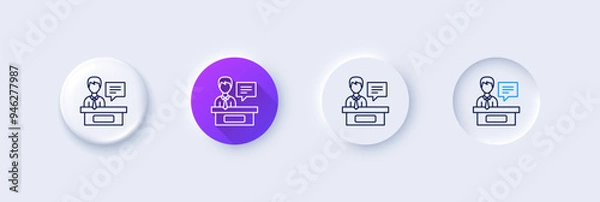 Fototapeta Exhibitors line icon. Neumorphic, Purple gradient, 3d pin buttons. Information desk sign. Line icons. Neumorphic buttons with outline signs. Vector