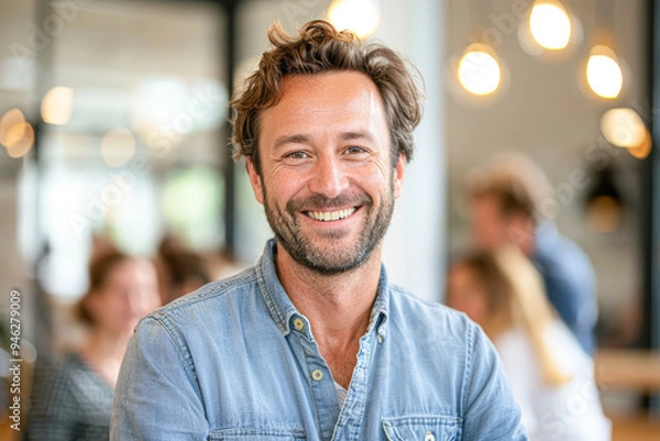 Fototapeta A man with a beard and a blue shirt is smiling