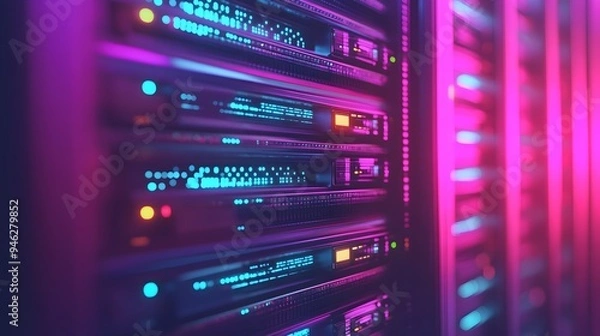 Fototapeta A close-up of a server stack with AI and blockchain data processing lights