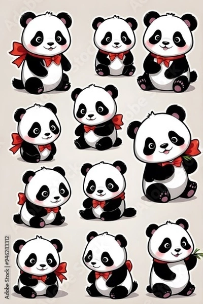 Fototapeta Adorable Panda Stickers Collection Cute Expressions and Poses
