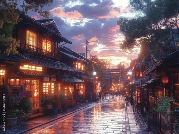 Obraz enchanting tokyo streetscape at dusk cozy animestyle illustration warm glowing windows traditional architecture meets modern charm serene urban scene
