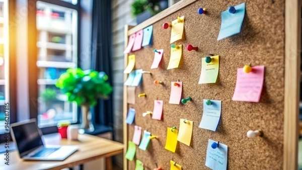Fototapeta A rustic wooden corkboard with tacks and multicolored notes and reminders scattered across its surface, surrounded by a blurred blurred office background atmosphere.