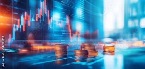 Fototapeta Vibrant financial graph overlaid with stacks of coins, symbolizing investment, growth, and modern finance in a digital world.