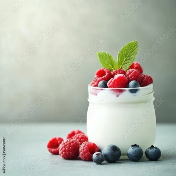 Obraz Organic yogurt, in glass jar with berries, D illustration, focus cover all  object, deep depth of field, no blur, photo not dark, everything is clear, copy space
