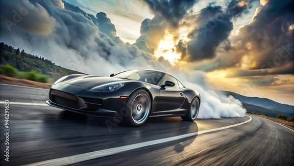 Fototapeta A sleek, black sports car accelerates down a winding road, clouds of smoke trailing behind its spinning tires as it blurs past a blurred landscape backdrop.
