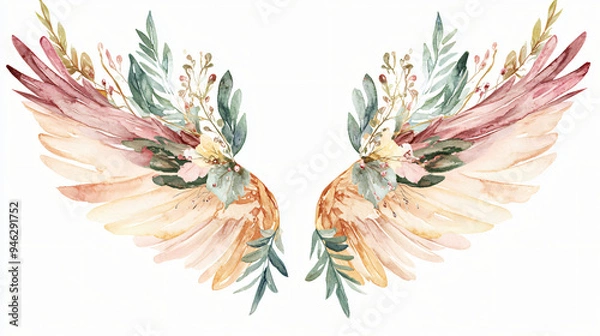 Fototapeta Boho Christmas angel ornament clipart, with feathered wings, watercolor illustration, muted colors, isolated on white background
