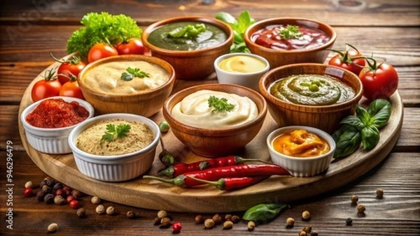 Fototapeta Assorted varieties of savory condiments, including teriyaki, sriracha, hummus, aioli, and salsa, arranged artfully on a rustic wooden table against a neutral background.