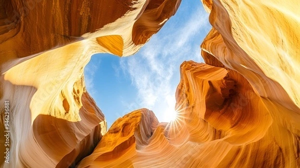 Obraz Panoramic view of Canyon in Arizona, colorful sandstone rock formations with blue sky and sun rays shining through the arches, low-angle shot,