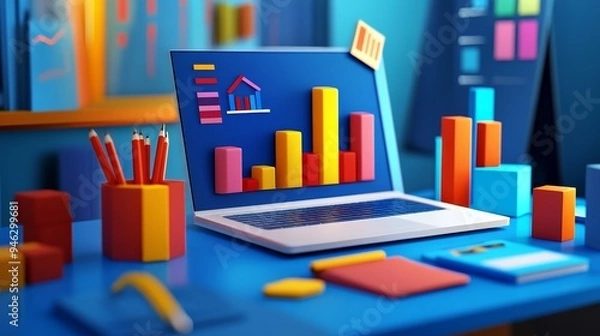 Fototapeta A laptop displaying a graph on a desk with office supplies.