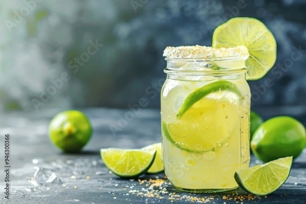 Fototapeta Agave syrup Margarita with agave syrup and lime, served in a mason jar, desert background, copy space for text