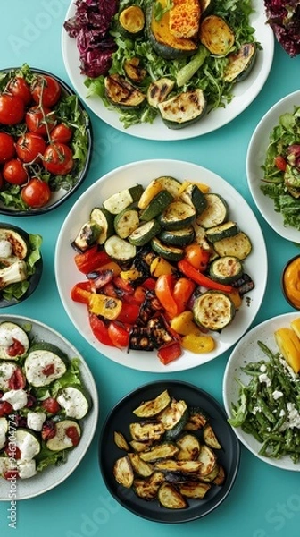 Fototapeta An inviting display includes a variety of fresh salads and grilled vegetable dishes presented attractively on a turquoise surface