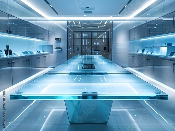 Fototapeta Sleek and Modern Glass Table in High Tech Showroom for Showcasing Cutting Edge Gadgets and Product Concepts