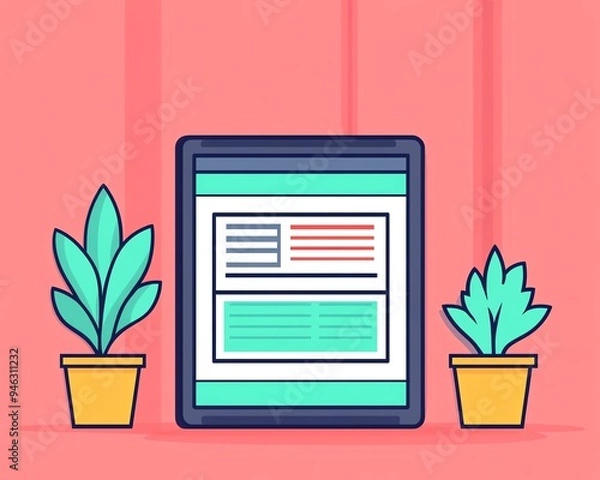Fototapeta Minimalist illustration of a tablet with plants on a pink background.