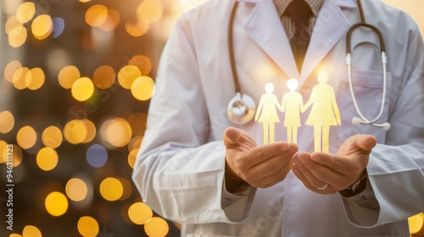 Fototapeta A doctor in a white lab coat holds a glowing family silhouette in his hand, representing health care and protection.
