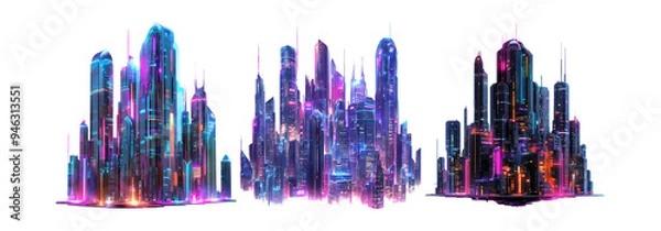 Fototapeta Futuristic cityscapes set isolated on transparent background, neon cities for sci-fi and design