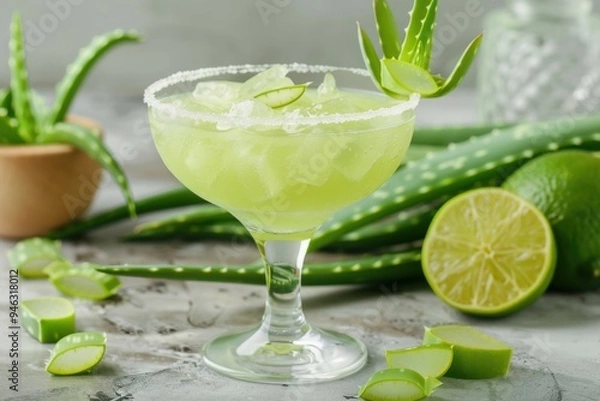 Fototapeta Aloe vera Margarita with aloe vera chunks and lime, served in a margarita glass, fresh and healthy background, copy space for text