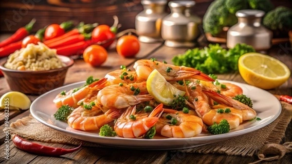Fototapeta Freshly cooked succulent shrimp arranged on a white plate with steamed vegetables and a side of garlic butter, illuminated against a warm, cozy background.