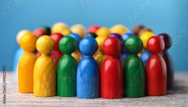 Fototapeta Colorful wooden dolls representing people, concept of diversity and plurality