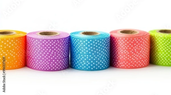 Fototapeta Colorful rolls of decorative tape in vibrant hues with white polka dots for crafting.