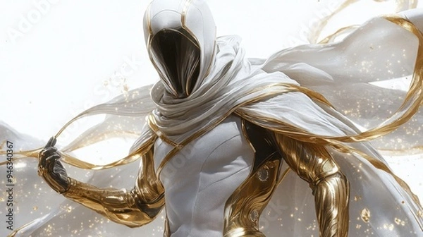 Fototapeta Magical wind ranger with flowing capes, swirling wind effects, studio lighting, seamless white background,