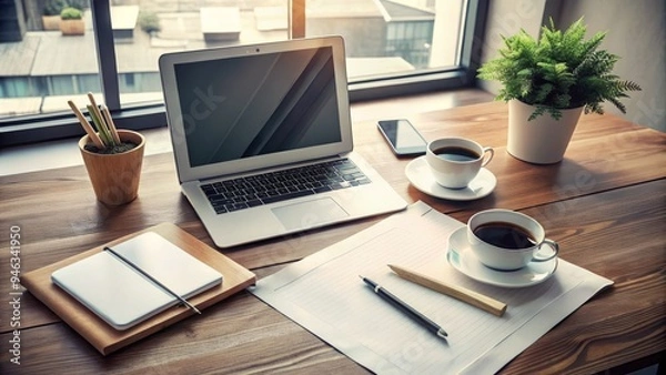Fototapeta Modern minimalist desk with sleek laptop, tablet, and smartphone, surrounded by sketches, papers, and a cup of coffee, epitomizing contemporary unit design principles.