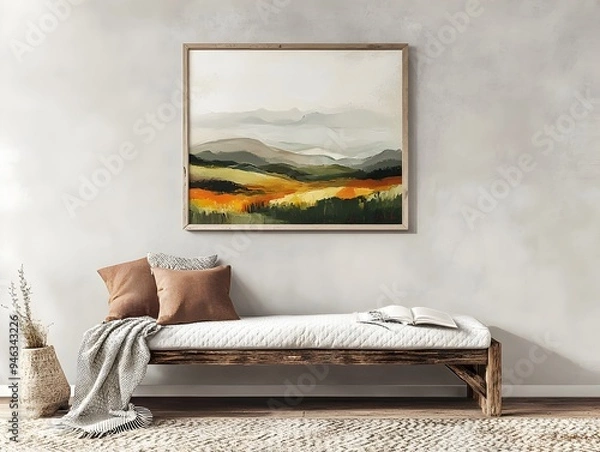 Fototapeta Mockup Frame in Farmhouse Living Room with Abstract Landscape Painting Expressive Brushstrokes Muted Color Palette Rustic Wooden Bench and Cozy Textured Rug