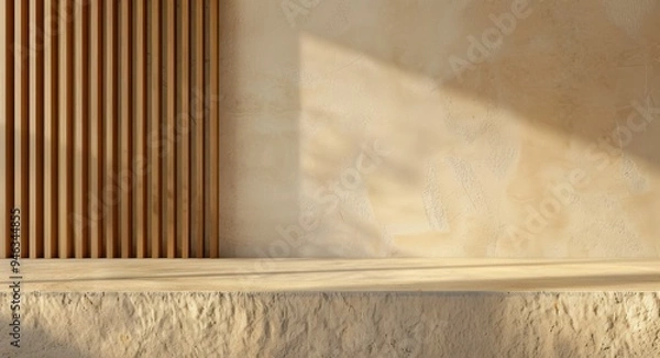 Fototapeta Concrete tabletop on wooden wall panels background for product presentation. Empty countertop with vertical slats. Aesthetic podium mockup in modern studio interior.
