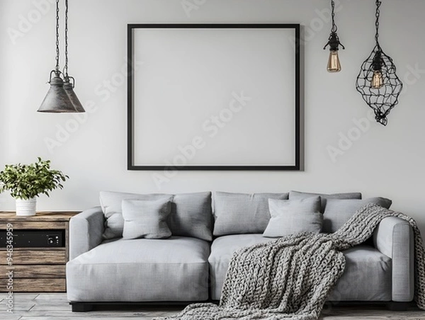 Fototapeta Mockup Frame in Rustic Farmhouse Living Room Interior with Grey Linen Sofa Reclaimed Wood Media Console Knitted Blanket and Pendant Lighting  3D Rendering of Cozy and Modern Home Decor