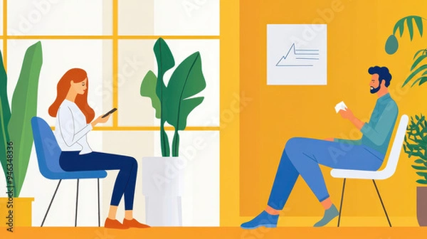 Fototapeta Young woman using smartphone while waiting in an office lounge with a man reading a document in bright, modern decor