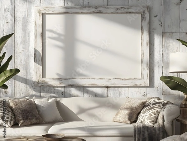 Fototapeta Mockup frame with a whitewashed wooden finish set in a modern farmhouse style living room interior  The frame features geometric patterns and dramatic shadows