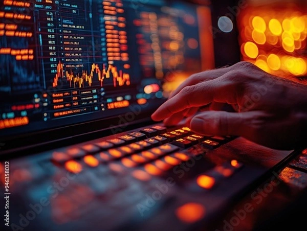 Fototapeta Close-up of hand using a keyboard while monitoring stock market data on a brightly lit screen