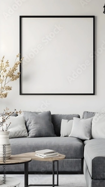 Fototapeta Mockup of a farmhouse style living room interior with a modern black metal frame grey linen sectional whitewashed wood side tables and a ceramic vase