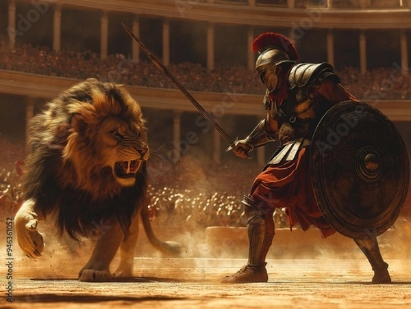 Fototapeta Roman gladiator facing a lion in an intense battle scene inside a grand arena