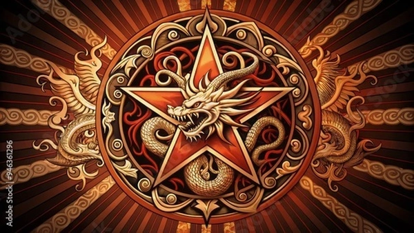 Fototapeta Stylized emblem featuring a bold, curved dragon silhouette surrounding a central star, surrounded by intricate, swirling patterns, conveying power, discipline, and ancient wisdom.