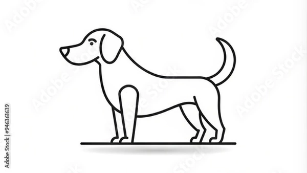 Fototapeta Stylized illustration of a playful dog in bold black outline on a bright white background, showcasing simplicity and modernity with clean lines and minimal design.