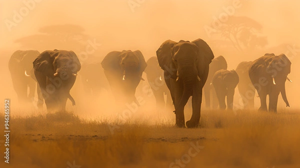 Fototapeta herd of elephants migrating across the dusty grasslands