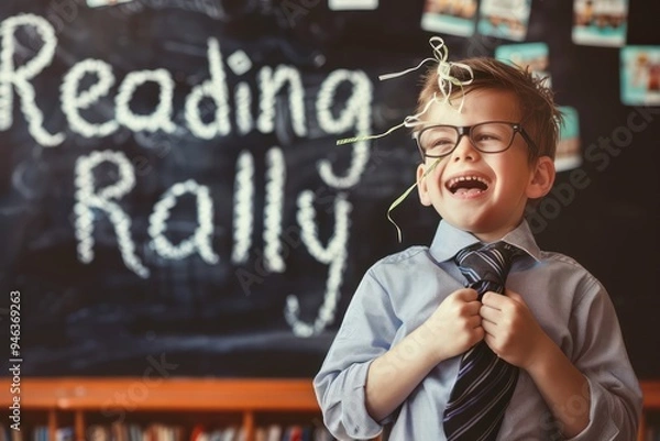 Fototapeta Delighted boy with glasses, tie fluttering, in front of a Reading Rally chalkboard in a classroom